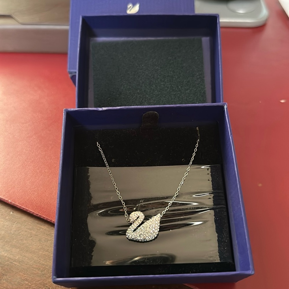 Swarovski Crystal Blue Iconic Swan Rhodium Plated Pendant Necklace